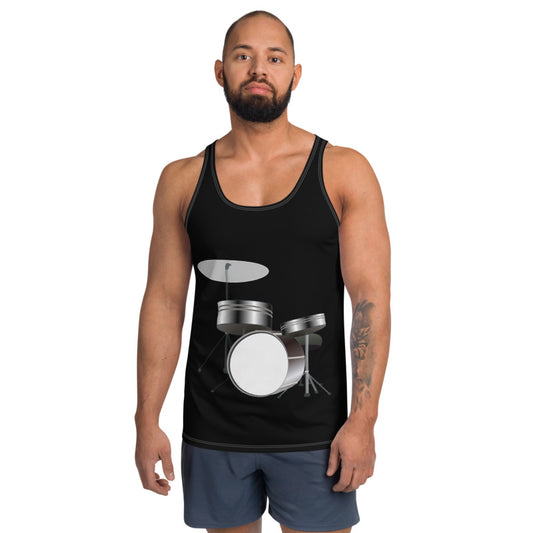 Black Music Themed Designer Vest With Image of a Drum Set