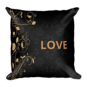 Black Square Throw Cushion Love with Flower pattern.
