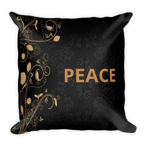 Black Square Throw Cushion Peace with Flower pattern.