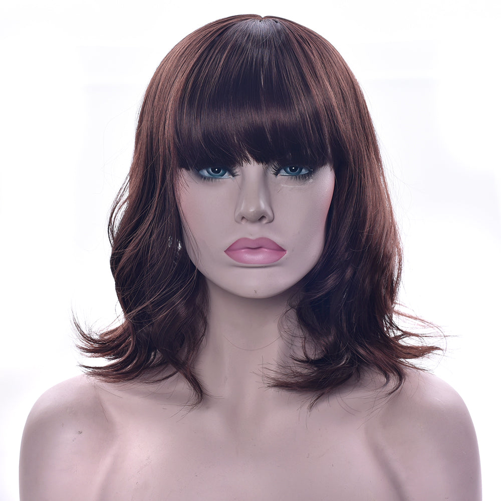 Brown Short Wavy Wig With Synthetic Hair with Bangs