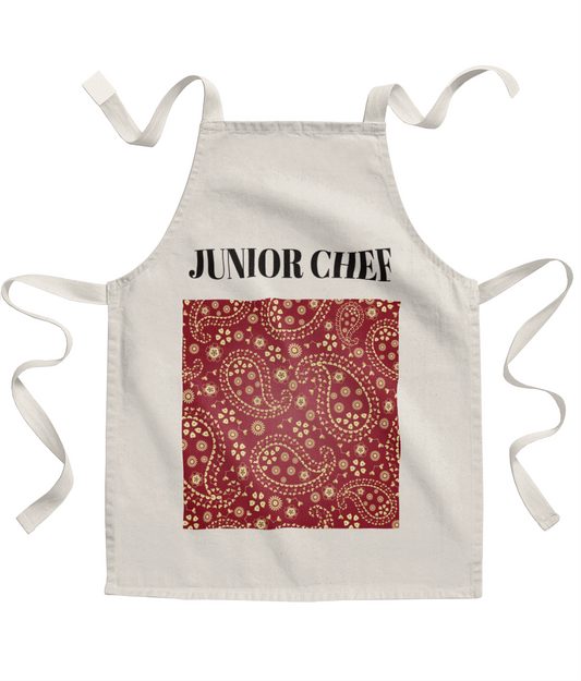 Junior Chef Apron with Red Paisley Design.