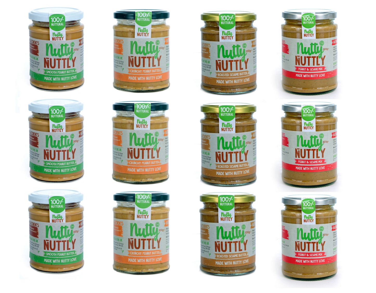 Pack of 12 Nut Butters, 300g jars of differing types.  3 jars from each type - Smooth Peanut, Sesame, Crunch Peanut and Mix of Peanut and Sesame.
