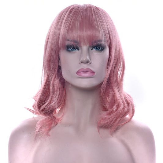 Pink Short Wavy Wig With Synthetic Hair with Bangs