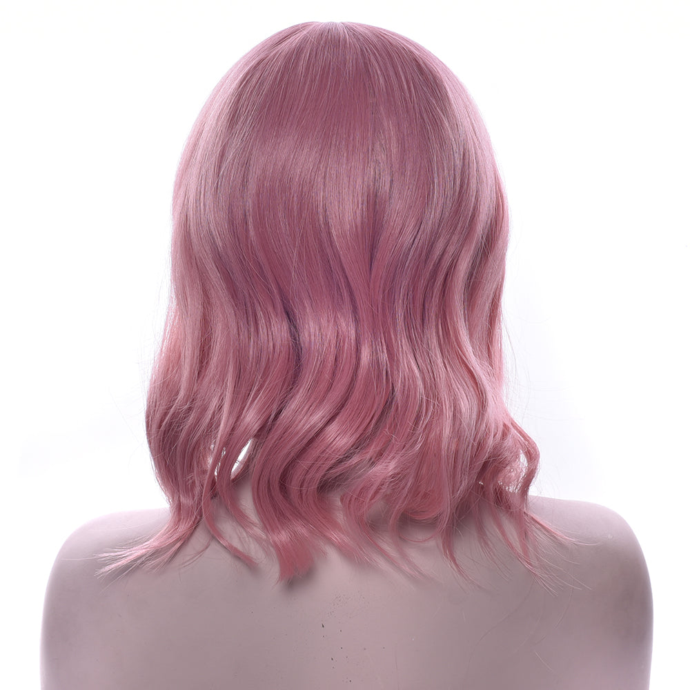 Pink Short Wavy Wig With Synthetic Hair with Bangs