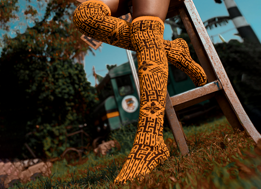 Long Orange and Black Knitted Socks with Tower and Leaf Design
